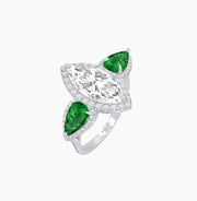Vintage Inspired Marquise & Pear Three-Stone Halo Ring - Shahin Jewelry
